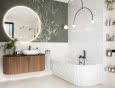 Nowoczesna łazienka bez sterylnej bieli: pastele, roślinne motywy i armatura gun metal